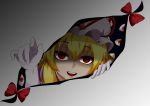  1girl :d bangs blonde_hair bow commentary_request eyebrows_visible_through_hair face gap gloves hair_between_eyes hat hat_ribbon highres himajin_no_izu looking_at_viewer mob_cap open_mouth red_bow red_eyes red_ribbon ribbon shaded_face smile solo touhou white_gloves white_hat yakumo_yukari 