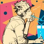  1boy crazy_straw cup drinking_straw hood hoodie looking_at_another male_focus male_protagonist_(pokemon_go) multicolored multicolored_background pokemon pokemon_go shared_drink short_hair sitting smile solo twitter_username visor_cap watari_yuu_(haskey) 