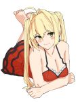  1girl bangs barefoot blonde_hair blush breasts cleavage closed_mouth earrings eyebrows_visible_through_hair fate/extra fate_(series) flat_color full_body green_eyes hair_between_eyes hair_intakes jewelry large_breasts long_hair looking_at_viewer lying michihasu on_stomach one-piece_swimsuit red_swimsuit saber_extra sidelocks simple_background smile solo swimsuit the_pose tsurime twintails white_background 