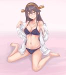  1girl bangs barefoot blush bra breasts brown_eyes brown_hair cleavage collarbone dress_shirt eyelashes gradient gradient_background haruna_(kantai_collection) headgear irohakaede jewelry kantai_collection lips long_hair looking_at_viewer navel paisley panties pink_background purple_bra purple_panties ring shirt sitting solo swept_bangs underwear undressing wedding_band 