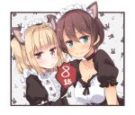  2girls :3 animal_ears blonde_hair breasts brown_hair cat_ears character_request choker cleavage commentary episode_number flat_chest green_eyes hair_between_eyes large_breasts looking_at_viewer maid maid_headdress multiple_girls new_game! official_art pout puffy_short_sleeves puffy_sleeves short_hair short_sleeves short_twintails tokunou_shoutarou twintails 