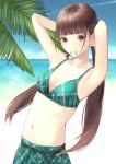  1girl adjusting_hair arm_up beach breasts brown_eyes brown_hair day hair_tie hami_(hami-gerden) highres looking_at_viewer mouth_hold navel original outdoors palm_tree school_uniform small_breasts standing swimsuit tree twintails 