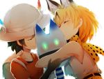  2girls :3 ^_^ amime_(pqrs1994) animal_ears backpack bag bare_shoulders black_gloves blonde_hair blush closed_eyes collarbone extra_ears gloves hand_on_another&#039;s_arm hat hat_feather highres hug kaban_(kemono_friends) kemono_friends lucky_beast_(kemono_friends) multiple_girls red_shirt sandwiched serval_(kemono_friends) serval_ears serval_print shirt short_hair short_sleeves sleeveless smile upper_body white_background white_shirt 