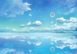  blue_sky clouds cloudy_sky day hachimaki headband highres iya_shohei moon no_humans ocean original outdoors reflection scenery signature sky water_surface 