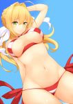  1girl adjusting_hair ahoge arm_up bikini bow breasts fate/grand_order fate_(series) from_below gluteal_fold green_eyes groin hair_bow hair_intakes jampen looking_down navel nero_claudius_(swimsuit_caster)_(fate) side-tie_bikini smile solo swimsuit under_boob white_bow wind 