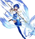  1girl armor armored_dress blue_eyes blue_hair dress elbow_gloves fingerless_gloves fire_emblem fire_emblem:_mystery_of_the_emblem fire_emblem_heroes full_body gloves headband highres katua official_art pegasus_knight polearm short_hair solo thigh-highs weapon 