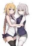  2girls absurdres asymmetrical_docking between_breasts black_legwear blonde_hair blue_eyes braid breast_press breasts brown_eyes brown_hair fate/apocrypha fate/grand_order fate_(series) from_side highres hug jeanne_alter long_hair multiple_girls necktie necktie_between_breasts ponytail purple_shirt ruler_(fate/apocrypha) shirt short_hair short_shorts shorts sleeveless sleeveless_shirt thigh-highs tomo_(ryo_i_so_) very_long_hair white_legwear white_shirt 