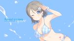  1girl 6u_(eternal_land) bikini blue_eyes blush breasts grey_hair grin halterneck heart highres large_breasts looking_at_viewer love_live! love_live!_sunshine!! one_eye_closed salute short_hair simple_background smile solo splashing swimsuit text wallpaper watanabe_you 