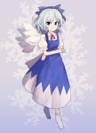  &gt;:) 1girl blue_eyes blue_hair bow cirno collared_shirt crossed_arms dress hair_bow ice ice_wings neck_ribbon puffy_short_sleeves puffy_sleeves ribbon rion_(glayjirobass) shirt short_sleeves smirk snowflake_background solo the_embodiment_of_scarlet_devil touhou wings 