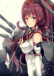  1girl bare_shoulders brown_eyes brown_hair detached_sleeves holding holding_umbrella kantai_collection koi_nobori long_hair machinery open_mouth petals ponytail red_umbrella solo turret umbrella very_long_hair yamato_(kantai_collection) z_flag 