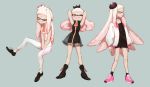  1girl ;d alternate_costume alternate_hairstyle arms_up bare_arms black_dress boots casual crown domino_mask dress full_body highres hime_(splatoon) jacket leggings long_hair long_sleeves looking_at_viewer looking_to_the_side mask midriff mini_crown mole mole_under_mouth navel one_eye_closed open_clothes open_mouth see-through shoes short_hair sitting sleeveless smile sneakers solo_focus splatoon splatoon_2 standing tentacle_hair very_long_hair white_hair white_legwear yellow_eyes zambiie zipper zipper_pull_tab 
