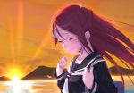  1girl closed_eyes clouds collarbone ginopi hair_ornament hairclip love_live! love_live!_sunshine!! mountain redhead sakurauchi_riko school_uniform smile solo sun sunset water 