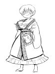  &gt;:) 1girl barefoot breast_expansion breasts highres japanese_clothes kimono large_breasts looking_at_viewer miracle_mallet monochrome nazotyu short_hair sketch solo standing sukuna_shinmyoumaru touhou very_short_hair 