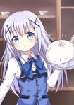  1girl blue_bow blue_bowtie blue_eyes blush bow bowtie dress_shirt eyebrows_visible_through_hair gochuumon_wa_usagi_desu_ka? hair_between_eyes indoors kafuu_chino long_hair rabbit shirt silver_hair solo standing sunameri_(pixiv3564245) tippy_(gochiusa) upper_body very_long_hair white_shirt 