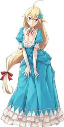  1girl ahoge artist_request blonde_hair blue_dress blue_eyes breasts cleavage dress full_body hair_ornament kameda_onnyakusho_dorui_(oshiro_project) kekemotsu large_breasts long_hair low-tied_long_hair official_art oshiro_project oshiro_project_re red_ribbon ribbon smile star star_hair_ornament transparent_background very_long_hair 