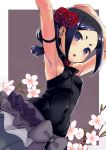  1girl arm_strap armpits arms_up bangs black_hair black_shirt blush border breasts brown_background cherry_blossoms chise_(princess_principal) commentary_request covered_navel floral_background flower gigokku hair_flower hair_ornament highres outside_border parted_bangs princess_principal shirt sleeveless sleeveless_shirt small_breasts solo thick_eyebrows triangle_mouth violet_eyes 