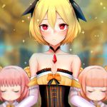  3girls black_ribbon blonde_hair blush breasts brown_hair cleavage closed_eyes collarbone detached_sleeves eyebrows_visible_through_hair felt_(re:zero) hair_between_eyes hair_ribbon jewelry looking_at_viewer multiple_girls necklace parted_lips pink_hair rangsiwut_sangwatsharakul re:zero_kara_hajimeru_isekai_seikatsu red_eyes ribbon short_hair small_breasts solo_focus strapless 