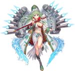  1girl artist_request blue_eyes breasts castle cleavage full_body green_hair hand_in_hair hat high_heels hohensalzburg_(oshiro_project) holding holding_staff large_breasts long_hair midriff navel official_art oshiro_project oshiro_project_re smile staff transparent_background 