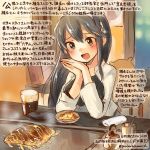  1girl :d alternate_costume animal black_hair brown_eyes colored_pencil_(medium) commentary_request cup dated drinking_glass food hair_between_eyes hairband hamster haruna_(kantai_collection) jacket kantai_collection kirisawa_juuzou long_hair long_sleeves numbered okonomiyaki open_mouth sitting smile traditional_media translation_request twitter_username white_hairband white_jacket 