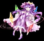  1girl bangs black_background blue_bow blunt_bangs bow breasts capelet cleavage crescent crescent_hair_ornament crystal dress full_body fumitsuki_(minaduki_6) hair_bow hair_ornament hat high_heels large_breasts long_hair looking_at_viewer magic_circle mob_cap patchouli_knowledge purple_dress purple_hair purple_hat purple_shoes red_bow shoes simple_background solo striped striped_dress touhou violet_eyes 