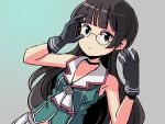  1girl adjusting_glasses adrian_ferrer bangs black_eyes black_gloves black_hair breasts choker choukai_(kantai_collection) cleavage dutch_angle glasses gloves kantai_collection long_hair pleated_skirt skirt small_breasts solo 