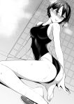  1girl ass bangs bare_legs blush breasts comic_koh competition_swimsuit drain_(object) dutch_angle eyebrows_visible_through_hair feet greyscale hair_between_eyes highres kneeling kyuuso_inukami legs_apart light_smile lips looking_at_viewer medium_breasts monochrome nose_blush one-piece_swimsuit original parted_lips short_hair shower_(place) soles solo swimsuit thighs tsurime twisted_torso wet 