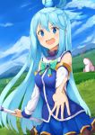  &gt;:d 1girl :d ame. aqua_(konosuba) blue_eyes blue_hair blue_skirt blue_sky blush breasts clouds commentary detached_sleeves frog grasslands hair_between_eyes hair_ornament kono_subarashii_sekai_ni_shukufuku_wo! long_hair looking_at_viewer medium_breasts open_mouth outdoors outstretched_arm skirt sky smile solo tongue tongue_out very_long_hair 
