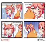  &gt;:( &gt;_&lt; 2girls 4koma anger_vein animal_ears cellphone comic dual_persona fang fate/extra fate/extra_ccc fate/grand_order fate_(series) fox_ears fox_tail hair_ribbon highres keita_naruzawa long_hair looking_back multiple_girls open_mouth phone pink_hair ribbon school_uniform smartphone sweat tail tamamo_(fate)_(all) tamamo_cat_(fate) tamamo_jk_(fate) yellow_eyes 