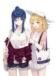  2girls bag blonde_hair blue_hair cowboy_shot denim denim_shorts dress green_eyes hand_holding handbag hat highres holding holding_paper holding_strap huanxiang_heitu jewelry love_live! love_live!_sunshine!! matsuura_kanan multiple_girls necklace ohara_mari open_mouth paper ponytail shirt shorts shoulder_bag simple_background smile sun_hat textless tied_jacket violet_eyes white_background white_shirt 