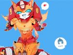 2boys animal_ears autobot blue_background blue_eyes cat_ears cat_tail fang highres kemonomimi_mode looking_at_viewer machine machinery male_focus mecha multiple_boys no_humans open_mouth paw_pose personification robot rodimus sitting tail transformers ultra_magnus 