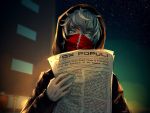  1boy blue_eyes blurry blurry_background building covered_mouth english face_mask fisheye_placebo frey_(fisheye_placebo) highres holding hood hoodie mask newspaper night poster_(object) short_hair silver_hair sky solo star_(sky) starry_sky wenqing_yan 