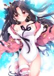  1girl bangs bare_shoulders black_bow black_hair blush bow breasts closed_mouth collarbone crown earrings eyebrows_visible_through_hair fate/grand_order fate_(series) floating_hair fur_trim hair_bow hood hoodie hoop_earrings ishtar_(fate/grand_order) ishtar_(swimsuit_rider)_(fate) jewelry knee_up long_hair looking_at_viewer medium_breasts nogi_takayoshi one-piece_swimsuit open_clothes open_hoodie parted_bangs red_eyes ribbon shiny shiny_skin single_thighhigh smile solo swimsuit thigh-highs tohsaka_rin white_swimsuit 