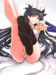  1girl barefoot black_hair black_legwear breasts earrings fate/grand_order fate_(series) fengya highres ishtar_(fate/grand_order) jewelry long_hair looking_at_viewer red_eyes ribbon shiny shiny_hair single_thighhigh solo thigh-highs tohsaka_rin very_long_hair 