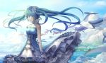  1girl aoiakamaou black_legwear blue_hair blue_hairband blue_ribbon collarbone cowboy_shot dated day dress floating_hair flying_whale green_eyes hair_ornament hairband hatsune_miku headphones highres layered_dress long_hair number outdoors ribbon sleeveless sleeveless_dress solo standing tattoo thigh-highs twintails very_long_hair vocaloid whale 