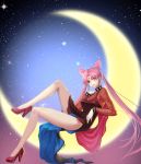  1girl absurdres bishoujo_senshi_sailor_moon black_lady breasts chibi_usa cleavage crescent crescent_moon crystal_earrings dated double_bun douyougen dress earrings facial_mark forehead_mark high_heels highres jewelry long_hair looking_at_viewer moon older pink_eyes pink_hair see-through signature sitting sky solo star_(sky) starry_sky twintails very_long_hair 