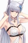  1girl animal_ears armpits bangs bikini breasts collarbone erun_(granblue_fantasy) eyebrows_visible_through_hair granblue_fantasy hair_ornament korwa large_breasts long_hair looking_at_viewer michihasu parted_lips silver_hair simple_background smile solo swimsuit teeth tsurime upper_body very_long_hair white_background white_bikini 