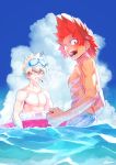  2boys bakugou_katsuki blue_sky boku_no_hero_academia clenched_hands clouds cloudy_sky collarbone goggles goggles_on_head innertube kirishima_eijirou male_focus male_swimwear multiple_boys ocean open_mouth partially_submerged platinum_blonde red_eyes redhead sharp_teeth shoco_(sco_labo) signature sky snorkel spiky_hair swimwear teeth water 