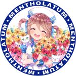  1girl :d animal animal_on_shoulder bouquet brown_hair cat cat_on_shoulder closed_eyes copyright_name facing_viewer flower green_eyes hat mentholatum mentholatum_girl nurse_cap open_mouth short_twintails smile solo twintails upper_body white_cat zenyu 