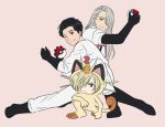  3boys black_gloves black_hair blonde_hair blue_eyes boots brown_eyes cosplay cubisticking elbow_gloves gloves green_eyes highres katsuki_yuuri kojirou_(pokemon) kojirou_(pokemon)_(cosplay) male_focus meowth meowth_(cosplay) multiple_boys musashi_(pokemon) musashi_(pokemon)_(cosplay) one_eye_closed one_knee poke_ball pokemon pokemon_(anime) silver_hair smile team_rocket viktor_nikiforov yuri!!!_on_ice yuri_plisetsky 