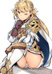  1girl ;) armor blonde_hair blush braid brown_gloves cape fire_emblem fire_emblem_heroes gebyy-terar gloves green_eyes highres long_hair long_sleeves looking_at_viewer one_eye_closed scale_armor sharena short_shorts shorts simple_background sitting sketch smile solo thigh-highs white_background white_legwear 