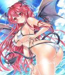  1girl ahoge artist_name ass at_classics bangs bikini blue_sky blush breasts closed_mouth clouds day demon_tail demon_wings erect_nipples eyebrows_visible_through_hair hair_between_eyes hand_on_own_thigh head_wings koakuma large_breasts long_hair looking_at_viewer outdoors red_eyes redhead sample side-tie_bikini sidelocks sky smile solo sun swimsuit tail touhou traditional_media twisted_torso very_long_hair water watermark white_bikini wings 