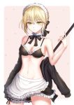  1girl artoria_pendragon_(all) black_bow blonde_hair blush bow breasts cleavage closed_mouth eyebrows_visible_through_hair fate_(series) hair_bow highres large_breasts looking_at_viewer maid_bikini maid_headdress navel saber_alter seungju_lee solo yellow_eyes 