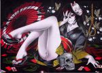  1girl bangs black_hair butterfly collarbone colored_pencil_(medium) feet fox_mask full_body hatsune_miku inuono_mama japanese_clothes kimono long_hair looking_at_viewer mask musunde_hiraite_rasetsu_to_mukuro_(vocaloid) nail_polish noose red_nails rope sandals sitting skull smile solo toes traditional_media twintails umbrella vocaloid 