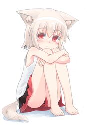  1girl absurdres animal_ears expressionless highres inubashiri_momiji kibisake leg_hug red_eyes shirt short_hair simple_background sitting skirt sleeveless sleeveless_shirt tail touhou white_background white_hair wolf_ears wolf_tail 