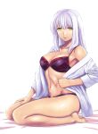  1girl alternate_costume barefoot black_bra bra breasts cleavage collarbone commentary_request ishii_hisao kantai_collection long_hair looking_at_viewer navel seiza shirt shoukaku_(kantai_collection) silver_hair sitting smile solo thighs underwear white_shirt yellow_eyes 