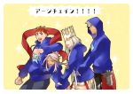  art_shirt black_eyes chloe_von_einzbern crown dress emiya_kiritsugu emiya_kiritsugu_(assassin) emiya_shirou fate/grand_order fate_(series) hand_in_another&#039;s_pocket hood hooded_jacket irisviel_von_einzbern irisviel_von_einzbern_(caster) jacket long_hair misuko_(sbelolt) pink_hair projection_magecraft_(fate/grand_order) scarf smile translated weapon white_hair yellow_eyes 