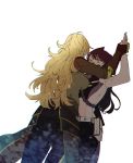  2girls animal_ears belt black_hair blake_belladonna blonde_hair cat_ears face-to-face gloves hand_holding jacket kuroda_(nanchara_flight) long_hair looking_at_another mechanical_arm multiple_girls prosthesis rwby sweat wall_slam white_background yang_xiao_long yellow_eyes yuri 