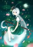  1girl arms_at_sides bangs blue_eyes blurry blush bob_cut bow breasts collared_shirt depth_of_field dy_(372127010) expressionless flower glowing green_skirt green_vest hair_between_eyes hairband konpaku_youmu konpaku_youmu_(ghost) light light_particles lily_pad looking_to_the_side lotus moon night open_hand petals puffy_short_sleeves puffy_sleeves reflection sheath sheathed shirt short_hair short_sleeves sitting skirt skirt_set small_breasts socks solo sword touhou vest water weapon white_legwear white_shirt 