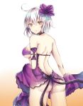  1girl ahoge ass black_bow black_ribbon bow breasts brown_eyes eyebrows_visible_through_hair fate/grand_order fate_(series) flower furumiya_neko hair_flower hair_ornament highres jeanne_alter large_breasts looking_at_viewer parted_lips ribbon ruler_(fate/apocrypha) short_hair solo teeth under_boob white_hair 