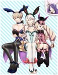  2boys animal_ears armor blonde_hair bow bowtie breasts brother_and_sister brothers bunny_girl bunny_tail bunnysuit camilla_(fire_emblem_if) cape chibi closed_eyes detached_collar elise_(fire_emblem_if) fake_animal_ears female_my_unit_(fire_emblem_if) fire_emblem fire_emblem_heroes fire_emblem_if fishnet_pantyhose fishnets hair_over_one_eye hairband highres leon_(fire_emblem_if) leotard long_hair looking_at_viewer marks_(fire_emblem_if) multiple_boys my_unit_(fire_emblem_if) open_mouth pantyhose ponytail rabbit_ears red_eyes siblings sisters smile tail twintails wrist_cuffs 